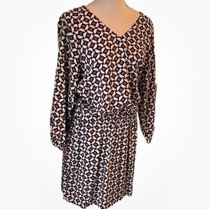 QMack V Neck Stretch Waist 3/4 Sleeve Dress Red Blue White w Side Pkts Sz M $99